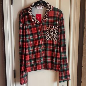 Plaid Pajama Top and shorts with Leopard Pocket - Red and Green
